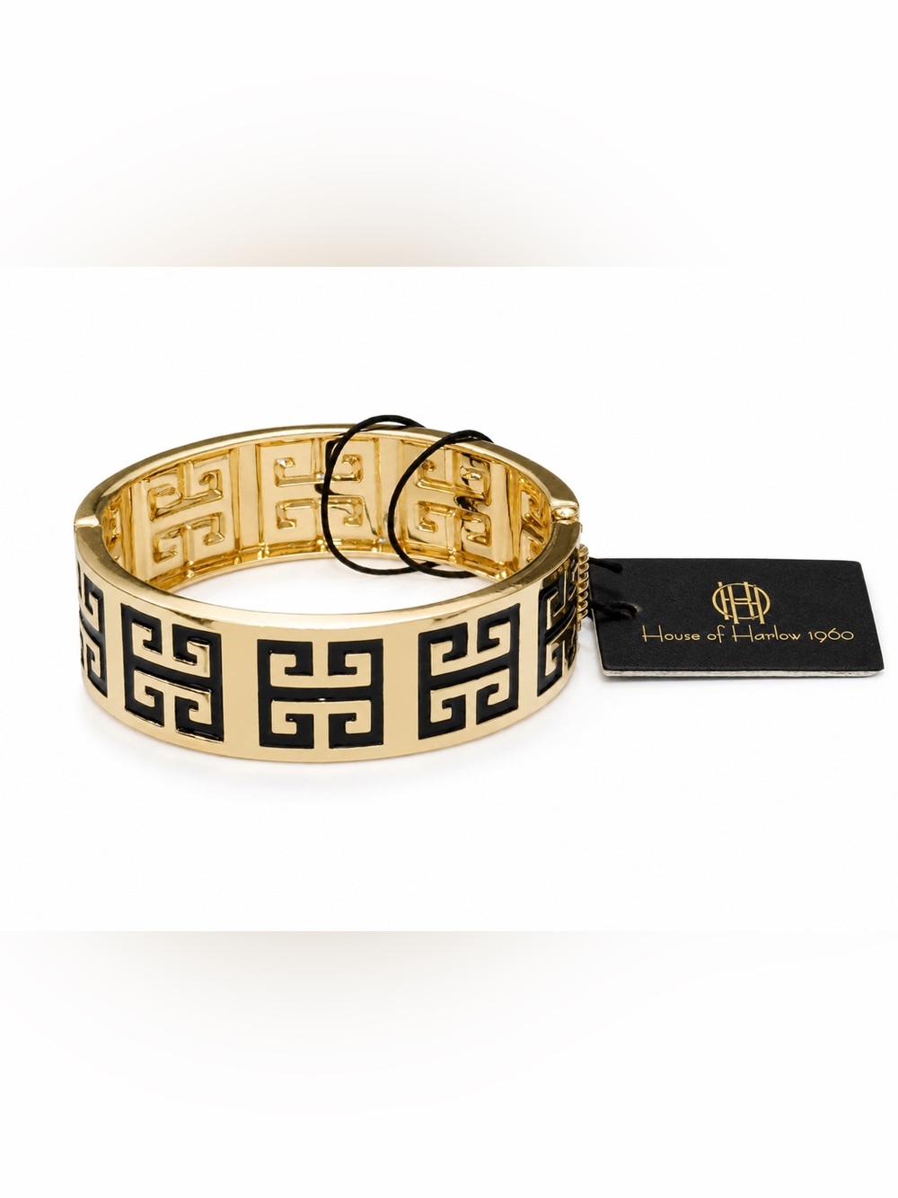 House of Harlow 1960 Gold Tone black enamel Greek key hinge bangle bracelet.